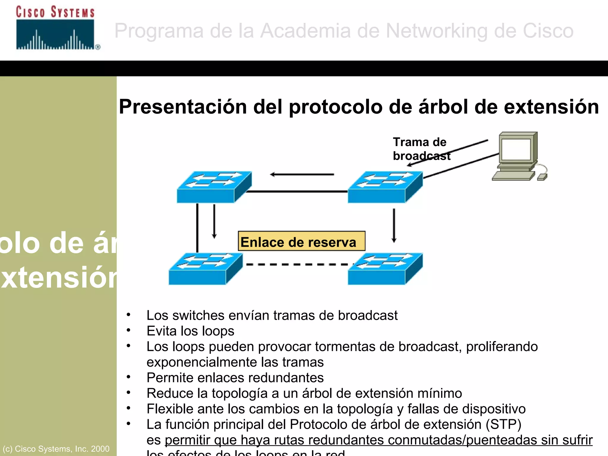Protocolo de árbol de extensión Programa de la Academia de Networking de Cisco (c) Cisco Systems, Inc. 2000 Trama de broadcast Enlace de reserva Los switches envían tramas de broadcast Evita los loops Los loops pueden provocar tormentas de broadcast, proliferando exponencialmente las tramas Permite enlaces redundantes Reduce la topología a un árbol de extensión mínimo Flexible ante los cambios en la topología y fallas de dispositivo La función principal del Protocolo de árbol de extensión (STP)  es  permitir que haya rutas redundantes conmutadas/puenteadas sin sufrir los efectos de los loops en la red. Presentación del protocolo de árbol de extensión 