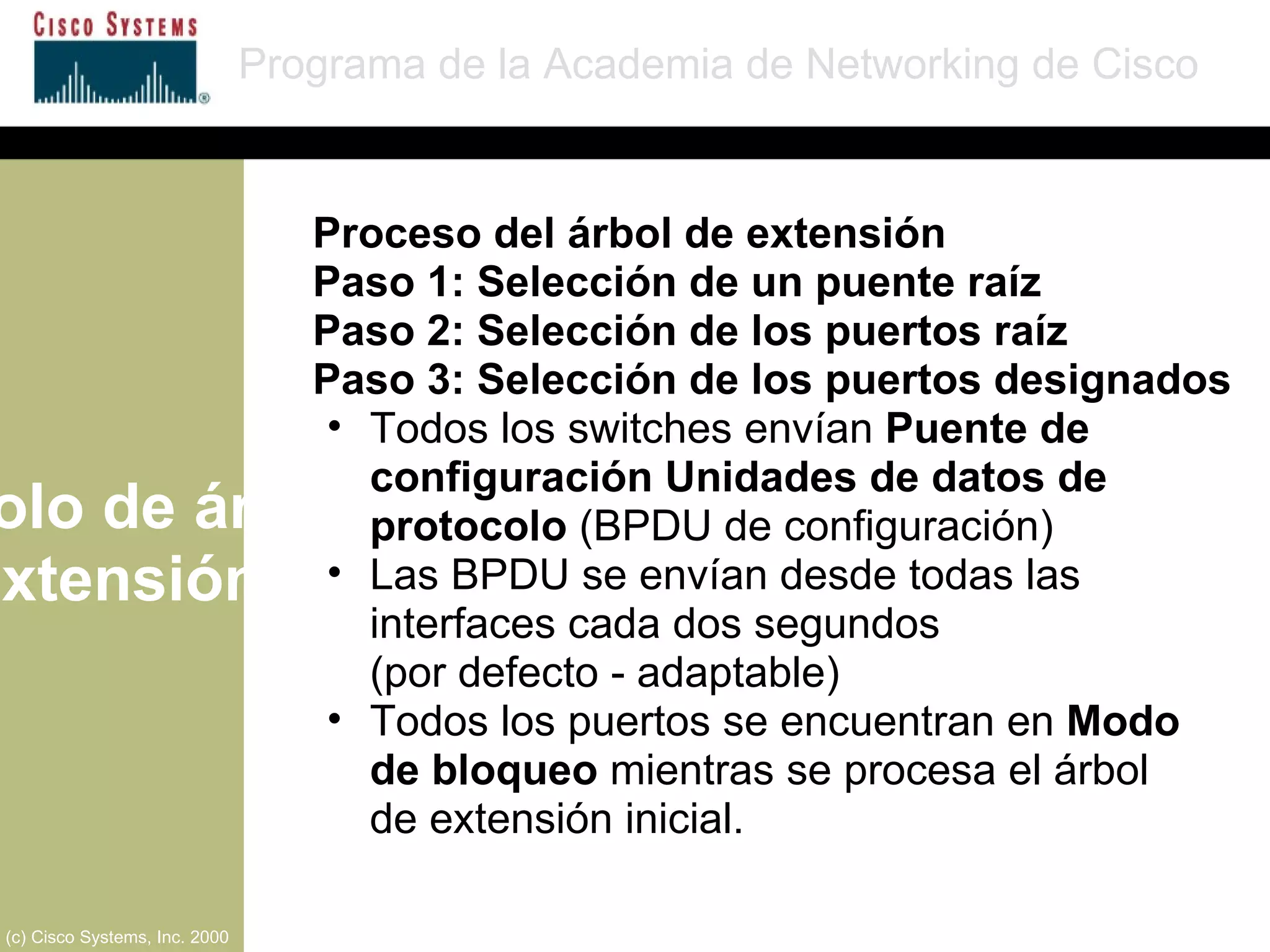 Protocolo de árbol de extensión Programa de la Academia de Networking de Cisco (c) Cisco Systems, Inc. 2000 Proceso del árbol de extensión Paso 1: Selección de un puente raíz Paso 2: Selección de los puertos raíz Paso 3: Selección de los puertos designados Todos los switches envían  Puente de configuración Unidades de datos de protocolo  (BPDU de configuración) Las BPDU se envían desde todas las interfaces cada dos segundos  (por defecto - adaptable) Todos los puertos se encuentran en  Modo  de bloqueo  mientras se procesa el árbol  de extensión inicial.  