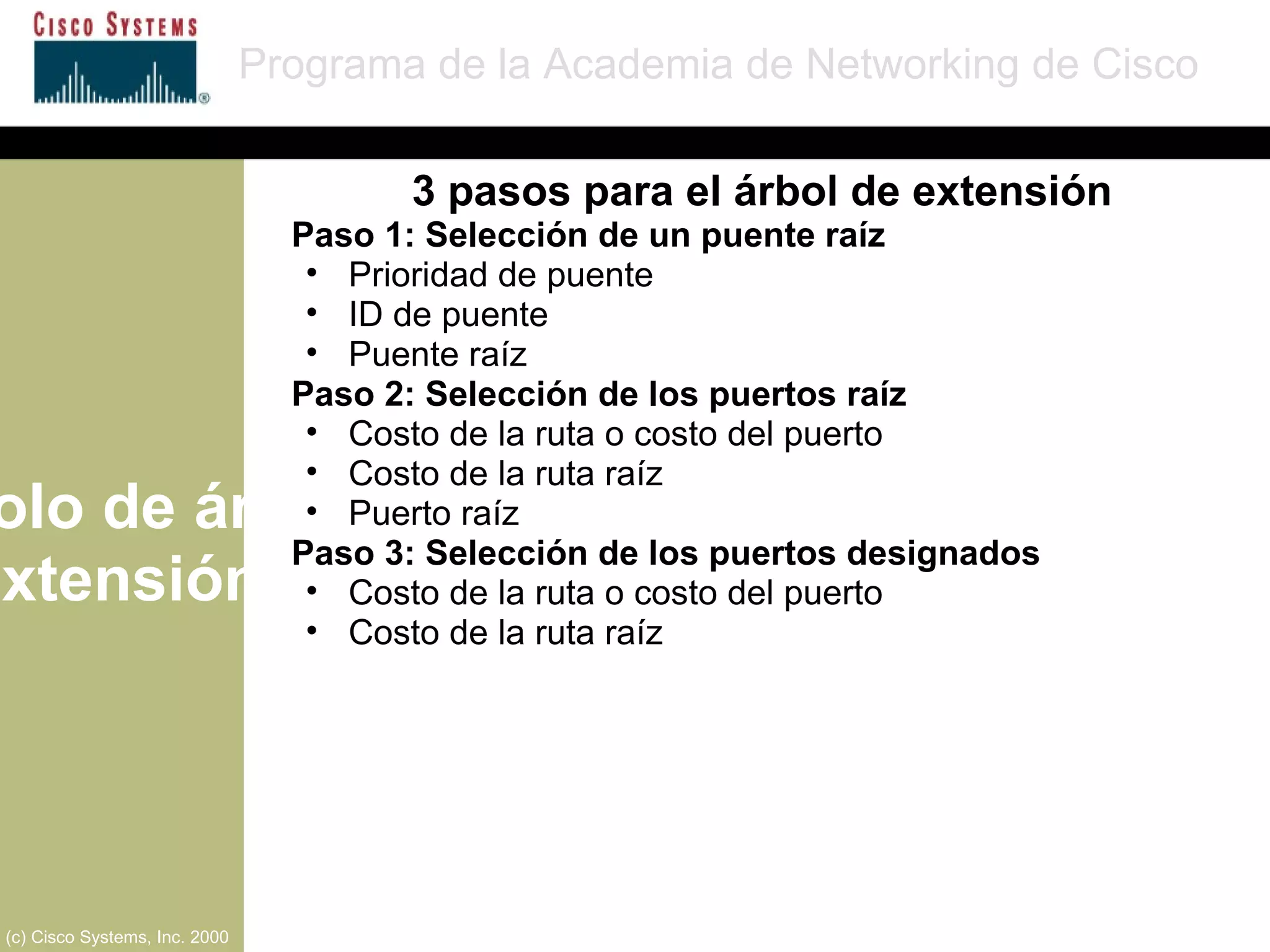 Protocolo de árbol de extensión Programa de la Academia de Networking de Cisco (c) Cisco Systems, Inc. 2000 3 pasos para el árbol de extensión Paso 1: Selección de un puente raíz Prioridad de puente ID de puente Puente raíz Paso 2: Selección de los puertos raíz Costo de la ruta o costo del puerto Costo de la ruta raíz Puerto raíz Paso 3: Selección de los puertos designados Costo de la ruta o costo del puerto Costo de la ruta raíz 