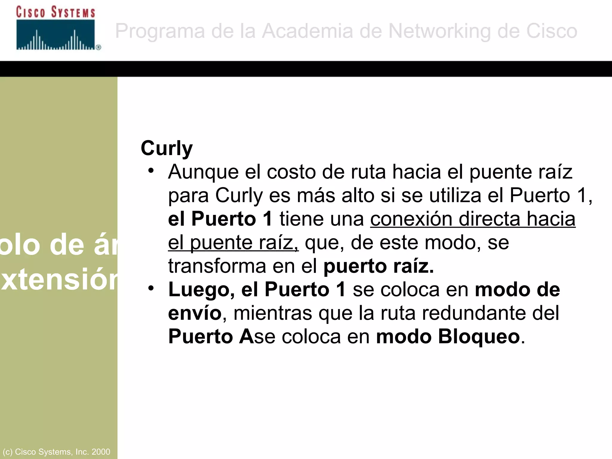 Protocolo de árbol de extensión Programa de la Academia de Networking de Cisco (c) Cisco Systems, Inc. 2000 Curly Aunque el costo de ruta hacia el puente raíz para Curly es más alto si se utiliza el Puerto 1,  el Puerto 1  tiene una  conexión directa hacia el puente raíz,  que, de este modo, se transforma en el  puerto raíz. Luego, el Puerto 1  se coloca en  modo de envío , mientras que la ruta redundante del  Puerto A se coloca en  modo Bloqueo . 