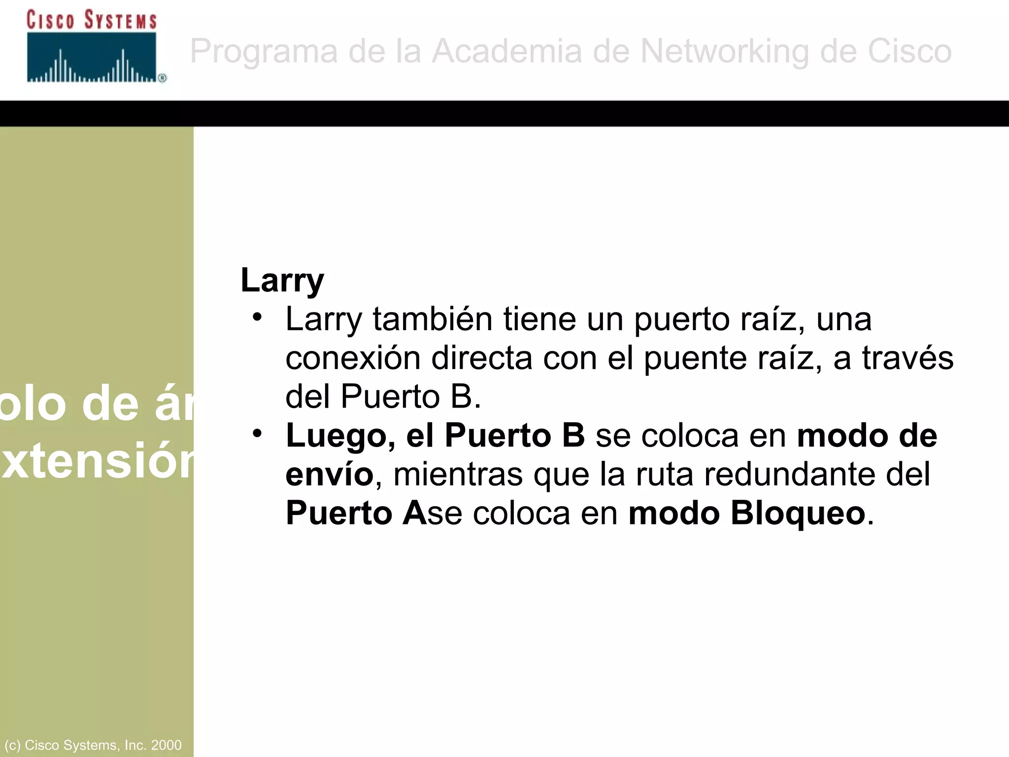 Protocolo de árbol de extensión Programa de la Academia de Networking de Cisco (c) Cisco Systems, Inc. 2000 Larry Larry también tiene un puerto raíz, una conexión directa con el puente raíz, a través del Puerto B. Luego, el Puerto B  se coloca en  modo de envío , mientras que la ruta redundante del  Puerto A se coloca en  modo Bloqueo . 
