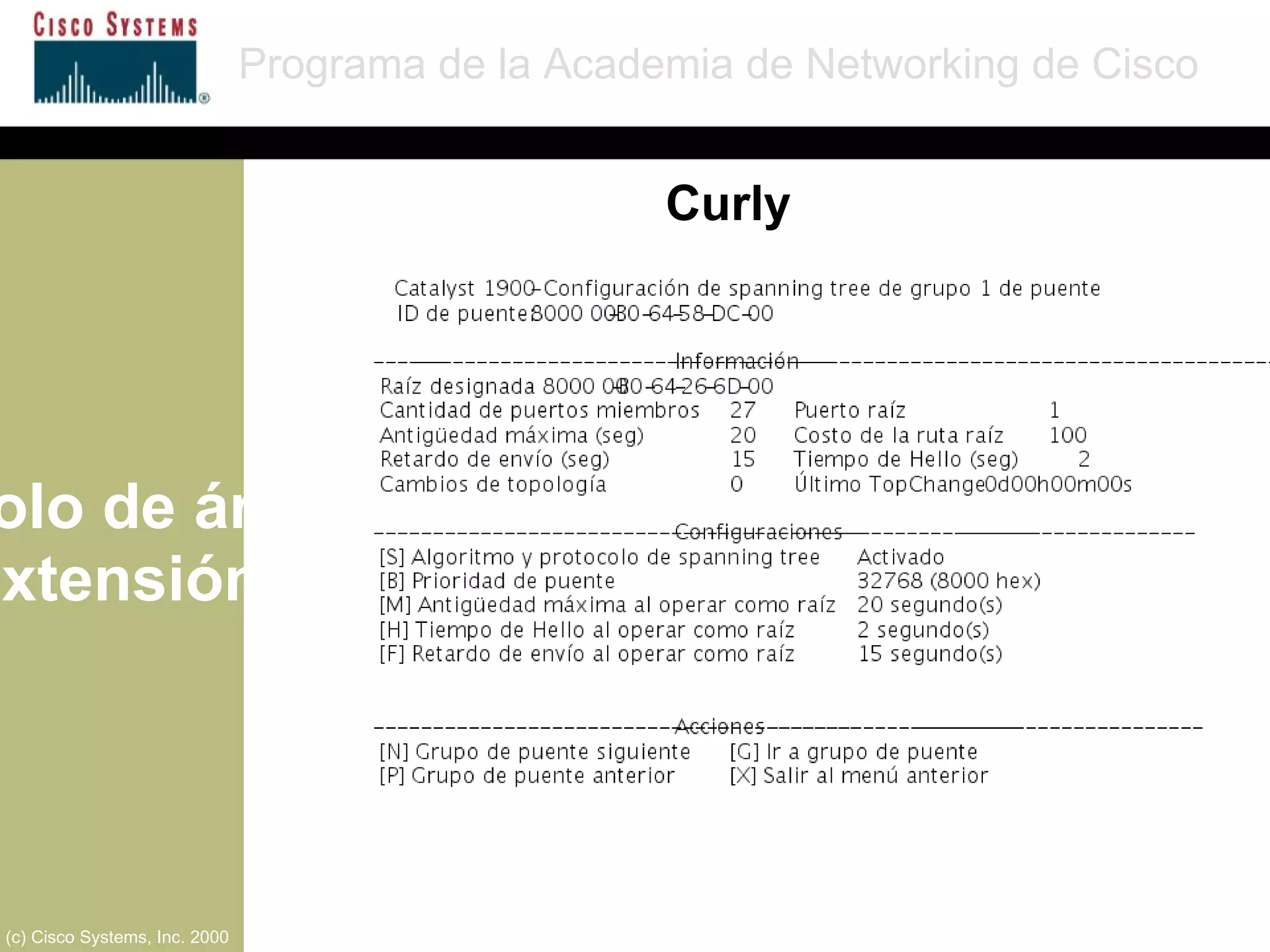 Protocolo de árbol de extensión Programa de la Academia de Networking de Cisco (c) Cisco Systems, Inc. 2000 Curly 