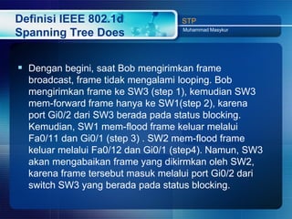 Definisi IEEE 802.1d               STP
                                   Muhammad Masykur
Spanning Tree Does


 Dengan begini, saat Bob mengirimkan frame
  broadcast, frame tidak mengalami looping. Bob
  mengirimkan frame ke SW3 (step 1), kemudian SW3
  mem-forward frame hanya ke SW1(step 2), karena
  port Gi0/2 dari SW3 berada pada status blocking.
  Kemudian, SW1 mem-flood frame keluar melalui
  Fa0/11 dan Gi0/1 (step 3) . SW2 mem-flood frame
  keluar melalui Fa0/12 dan Gi0/1 (step4). Namun, SW3
  akan mengabaikan frame yang dikirmkan oleh SW2,
  karena frame tersebut masuk melalui port Gi0/2 dari
  switch SW3 yang berada pada status blocking.
 