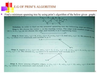 E.G OF PRIM’S ALGORITHM
 Find a minimum spanning tree by using prim’s algorithm of the below given graph:
11
 
