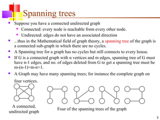 3
Spanning trees
 Suppose you have a connected undirected graph
 Connected: every node is reachable from every other node.
 Undirected: edges do not have an associated direction
 ...thus in the Mathematical field of graph theory, a spanning tree of the graph is
a connected sub-graph in which there are no cycles.
 A Spanning tree for a graph has no cycles but still connects to every house.
 If G is a connected graph with n vertices and m edges, spanning tree of G must
have n-1 edges, and no. of edges deleted from G to get a spanning tree must be
m-(n-1)=m-n+1.
 A Graph may have many spanning trees; for instance the complete graph on
four vertices.
A connected,
undirected graph
Four of the spanning trees of the graph
 