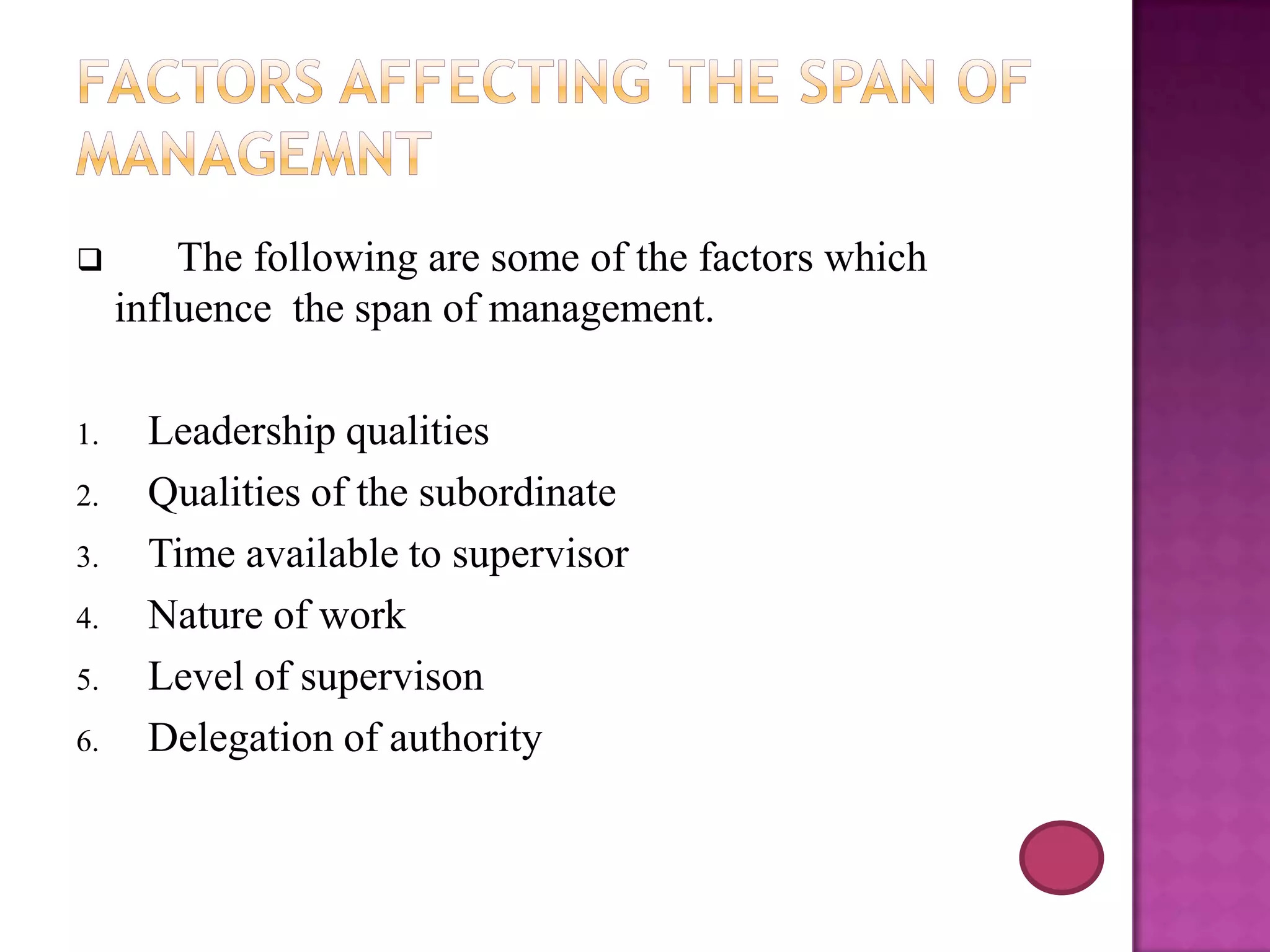 

1.
2.
3.
4.
5.
6.

The following are some of the factors which
influence the span of management.
Leadership qualities
Qualities of the subordinate
Time available to supervisor
Nature of work
Level of supervison
Delegation of authority

 