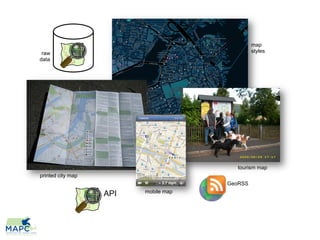 map
 raw                                           styles
data




                                         tourism map
printed city map
                                      GeoRSS
                         mobile map
                   API
 