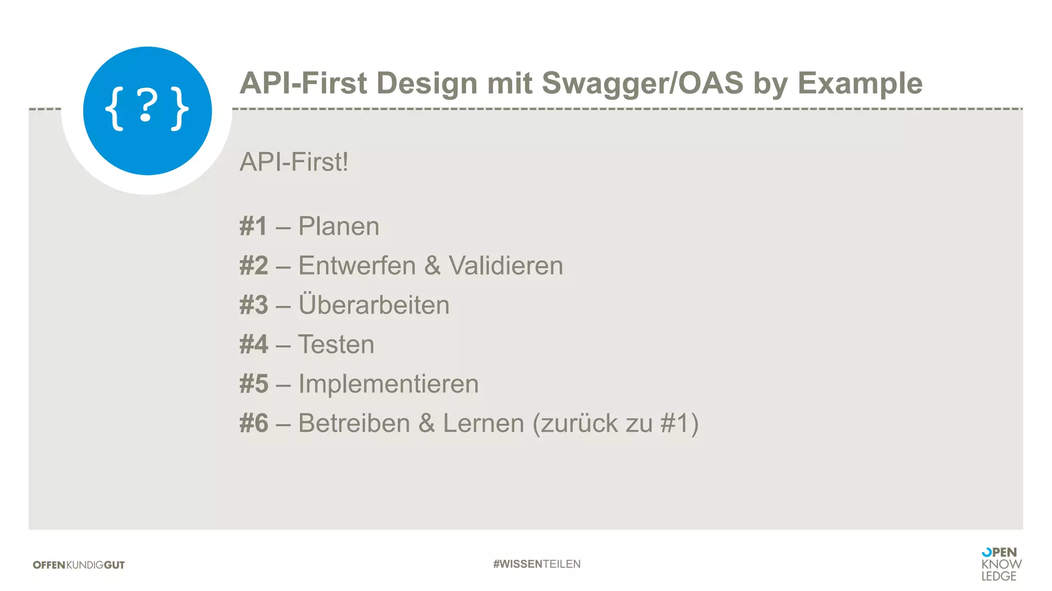 #WISSENTEILEN
API-First!
#1 – Planen
#2 – Entwerfen & Validieren
#3 – Überarbeiten
#4 – Testen
#5 – Implementieren
#6 – Betreiben & Lernen (zurück zu #1)
API-First Design mit Swagger/OAS by Example
{?}
 