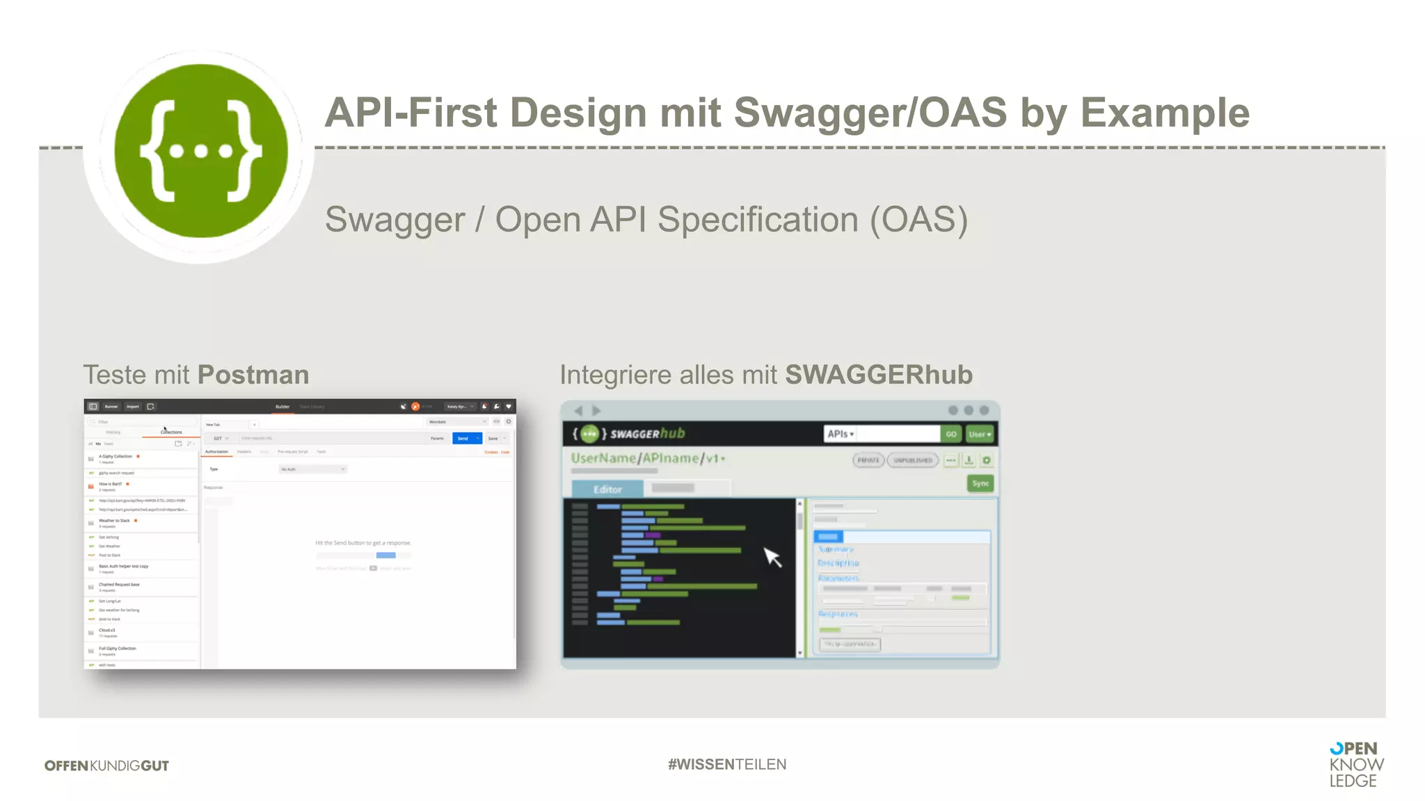 #WISSENTEILEN
Swagger / Open API Specification (OAS)
API-First Design mit Swagger/OAS by Example
Teste mit Postman Integriere alles mit SWAGGERhub
 