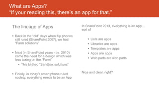 What are Apps?
“If your reading this, there’s an app for that.”
The lineage of Apps
 Back in the “old” days when flip phones
still ruled (SharePoint 2007), we had
“Farm solutions”
 Next (in SharePoint years - i.e. 2010)
came the need for a design which was
less taxing on the “Farm”
 This birthed “Sandbox solutions”
 Finally, in today’s smart phone ruled
society, everything needs to be an App
In SharePoint 2013, everything is an App…
sort of
 Lists are apps
 Libraries are apps
 Templates are apps
 Apps are apps
 Web parts are web parts
Nice and clear, right?
 