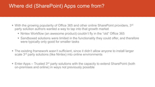 Where did (SharePoint) Apps come from?
 With the growing popularity of Office 365 and other online SharePoint providers, 3rd
party solution authors wanted a way to tap into that growth market
 Nintex Workflow (an awesome product) couldn’t fly in the “old” Office 365
 Sandboxed solutions were limited in the functionality they could offer, and therefore
were typically only good for smaller tasks
 The existing framework wasn’t sufficient, since it didn’t allow anyone to install larger
scale 3rd party solutions (like Nintex) into online environments
 Enter Apps – Trusted 3rd party solutions with the capacity to extend SharePoint (both
on-premises and online) in ways not previously possible
 