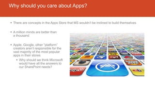 Why should you care about Apps?
 There are concepts in the Apps Store that MS wouldn’t be inclined to build themselves
 A million minds are better than
a thousand
 Apple, Google, other “platform”
creators aren’t responsible for the
vast majority of the most popular
apps in their stores
 Why should we think Microsoft
would have all the answers to
our SharePoint needs?
 