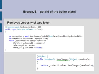 BreezeJS – get rid of the boiler plate!
Removes verbosity of web layer
 