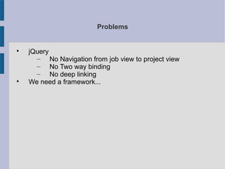 Problems

jQuery
– No Navigation from job view to project view
– No Two way binding
– No deep linking

We need a framework...
 
