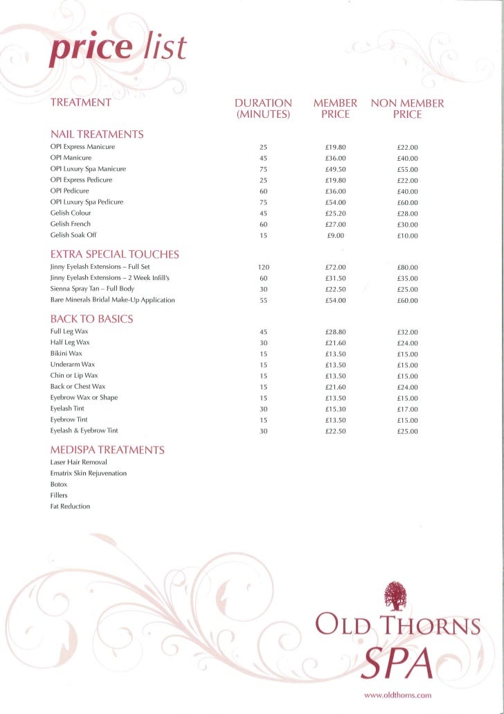 Views Spa Price List Views Spa Price List