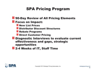 SPA Pricing Program

 90-Day Review of All Pricing Elements
 Focus on Impact:
 New List Prices
 Distributor Discount Structures
 Rebate Programs
 Direct Customer Pricing

 Diagnostic Interviews to evaluate current
effectiveness and gaps, strategic
opportunities
 2-4 Weeks of IT, Staff Time

Copyright 2013 Strategic Pricing Associates, Inc.

strategicpricing.com
50

 
