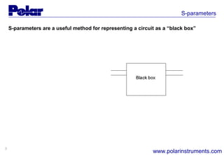3
S-parameters
www.polarinstruments.com
S-parameters are a useful method for representing a circuit as a “black box”
 
