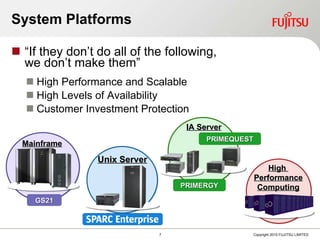 “ If they don’t do all of the following,  we don’t make them” High Performance and Scalable  High Levels of Availability Customer Investment Protection System Platforms Mainframe GS21 IA Server PRIMERGY PRIMEQUEST High  Performance Computing Unix Server 