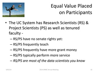 Equal Value Placed
on Participants
• The UC System has Research Scientists (RS) &
Project Scientists (PS) as well as tenured
faculty – RS/PS have no senate rights yet:
– RS/PS frequently teach
– RS/PS frequently have more grant money
– RS/PS typically perform more service
– RS/PS are most of the data scientists you know
3/01/14

2014 SPARC Annual Meeting

10

 