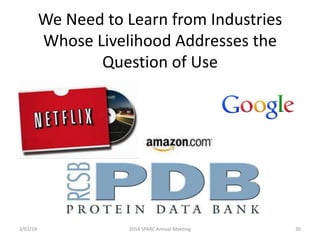 We Need to Learn from Industries
Whose Livelihood Addresses the
Question of Use

3/01/14

2014 SPARC Annual Meeting

30

 