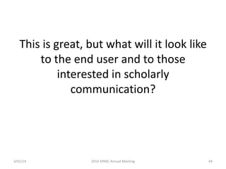 This is great, but what will it look like
to the end user and to those
interested in scholarly
communication?

3/01/14

2014 SPARC Annual Meeting

44

 