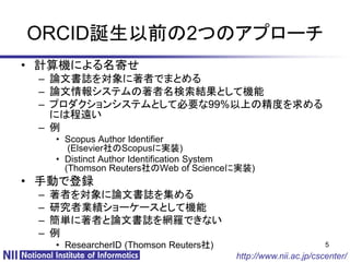ORCID誕生以前の2つのアプローチ
• 計算機による名寄せ
 – 論文書誌を対象に著者でまとめる
 – 論文情報システムの著者名検索結果として機能
 – プロダクションシステムとして必要な99%以上の精度を求める
   には程遠い
 – 例
     • Scopus Author Identifier
        (Elsevier社のScopusに実装)
     • Distinct Author Identification System
       (Thomson Reuters社のWeb of Scienceに実装)
• 手動で登録
 –   著者を対象に論文書誌を集める
 –   研究者業績ショーケースとして機能
 –   簡単に著者と論文書誌を網羅できない
 –   例
     • ResearcherID (Thomson Reuters社)                           5
                                         http://www.nii.ac.jp/cscenter/
 