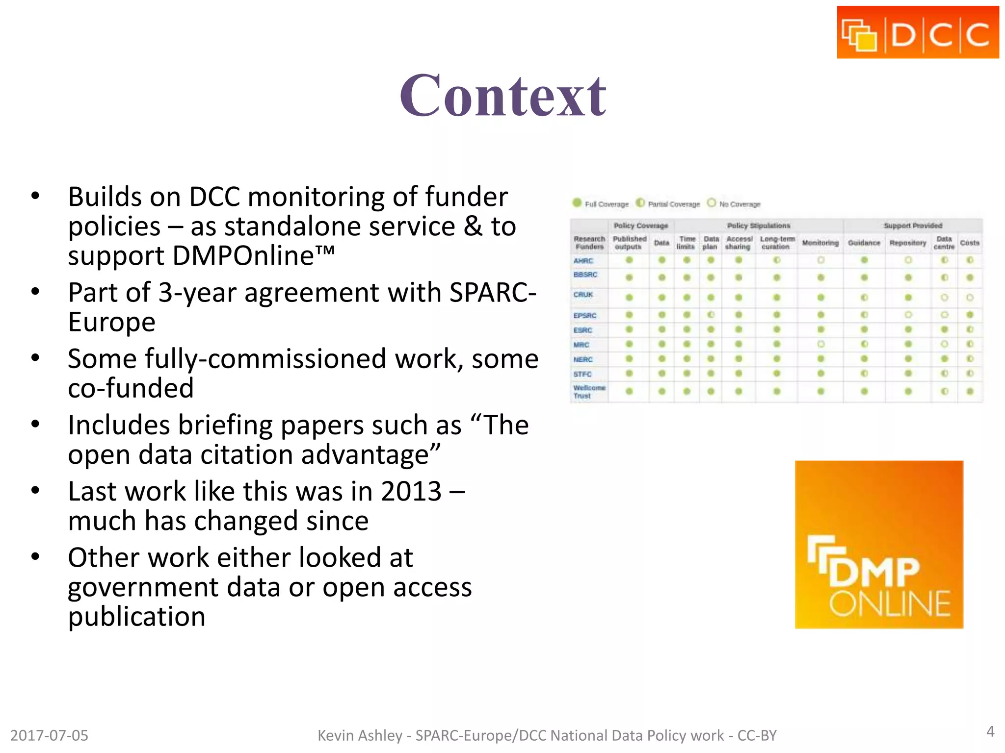 Context
• Builds on DCC monitoring of funder
policies – as standalone service & to
support DMPOnline™
• Part of 3-year agreement with SPARC-
Europe
• Some fully-commissioned work, some
co-funded
• Includes briefing papers such as “The
open data citation advantage”
• Last work like this was in 2013 –
much has changed since
• Other work either looked at
government data or open access
publication
2017-07-05 Kevin Ashley - SPARC-Europe/DCC National Data Policy work - CC-BY 4
 