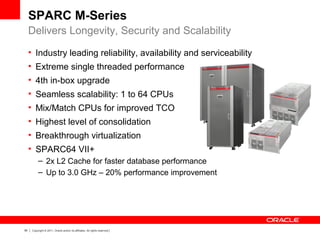50 Copyright © 2011, Oracle and/or its affiliates. All rights reserved.
SPARC M-Series
Delivers Longevity, Security and Scalability
• Industry leading reliability, availability and serviceability
• Extreme single threaded performance
• 4th in-box upgrade
• Seamless scalability: 1 to 64 CPUs
• Mix/Match CPUs for improved TCO
• Highest level of consolidation
• Breakthrough virtualization
• SPARC64 VII+
– 2x L2 Cache for faster database performance
– Up to 3.0 GHz – 20% performance improvement
 