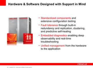 53 Copyright © 2011, Oracle and/or its affiliates. All rights reserved.
Hardware & Software Designed with Support in Mind
• Standardized components and
extensive configuration testing
• Fault tolerance through built-in
redundancy and replication, clustering,
and predictive self-healing
• Embedded diagnostics enabling deep
observability and real-time
troubleshooting
• Unified management from the hardware
to the application
 