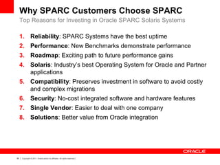 58 Copyright © 2011, Oracle and/or its affiliates. All rights reserved.
Why SPARC Customers Choose SPARC
Top Reasons for Investing in Oracle SPARC Solaris Systems
1. Reliability: SPARC Systems have the best uptime
2. Performance: New Benchmarks demonstrate performance
3. Roadmap: Exciting path to future performance gains
4. Solaris: Industry’s best Operating System for Oracle and Partner
applications
5. Compatibility: Preserves investment in software to avoid costly
and complex migrations
6. Security: No-cost integrated software and hardware features
7. Single Vendor: Easier to deal with one company
8. Solutions: Better value from Oracle integration
 