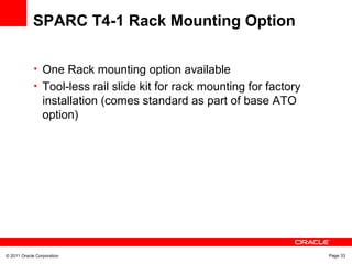 © 2011 Oracle Corporation Page 33
SPARC T4-1 Rack Mounting Option
• One Rack mounting option available
• Tool-less rail slide kit for rack mounting for factory
installation (comes standard as part of base ATO
option)
 
