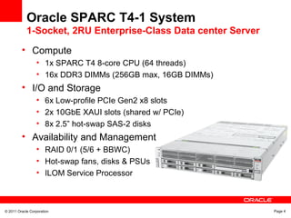 © 2011 Oracle Corporation Page 4
Oracle SPARC T4-1 System
• Compute
• 1x SPARC T4 8-core CPU (64 threads)
• 16x DDR3 DIMMs (256GB max, 16GB DIMMs)
• I/O and Storage
• 6x Low-profile PCIe Gen2 x8 slots
• 2x 10GbE XAUI slots (shared w/ PCIe)
• 8x 2.5” hot-swap SAS-2 disks
• Availability and Management
• RAID 0/1 (5/6 + BBWC)
• Hot-swap fans, disks & PSUs
• ILOM Service Processor
1-Socket, 2RU Enterprise-Class Data center Server
 