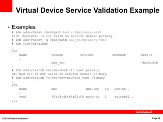 © 2011 Oracle Corporation Page 46
Virtual Device Service Validation Example
• Examples:
# ldm add-vdsdev /bad/path bad_vol@primary-vds0
Path /bad/path is not valid on service domain primary
# ldm add-vdsdev -q /bad/path bad_vol@primary-vds0
# ldm list-bindings
…
VDS
NAME VOLUME OPTIONS MPGROUP DEVICE
…
bad_vol /bad/path
…
# ldm add-vswitch net-dev=bad-nic vsw1 primary
NIC bad-nic is not valid on service domain primary
# ldm add-vswitch -q net-dev=bad-nic vsw1 primary
…
VSW
NAME MAC NET-DEV ID DEVICE …
…
vsw1 00:14:4f:f8:02:08 bad-nic 1 switch@1 …
...
 