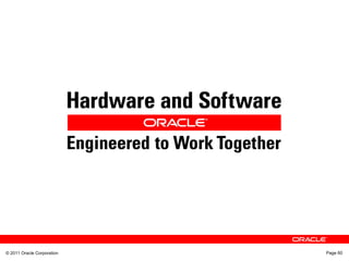 © 2011 Oracle Corporation Page 60
We encourage you to use the newly minted corporate tagline
“Hardware and Software, Engineered to Work Together.” at the end of all your
presentations. This message should replace any reference to our previous
corporate tagline “Hardware. Software. Complete.”
 