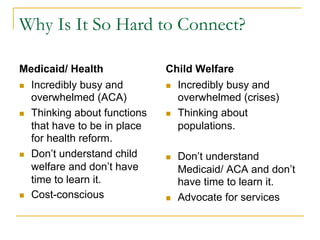 Why Is It So Hard to Connect?

Medicaid/ Health               Child Welfare
n  Incredibly busy and        n  Incredibly busy and
    overwhelmed (ACA)              overwhelmed (crises)
n  Thinking about functions   n  Thinking about
    that have to be in place       populations.
    for health reform.
n  Don’t understand child     n    Don’t understand
    welfare and don’t have           Medicaid/ ACA and don’t
    time to learn it.                have time to learn it.
n  Cost-conscious             n    Advocate for services
 