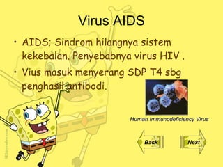 Virus AIDS AIDS; Sindrom hilangnya sistem kekebalan. Penyebabnya virus HIV . Vius masuk menyerang SDP T4 sbg penghasil antibodi. Back Next Human Immunodeficiency Virus  