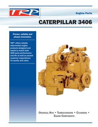 Engine Parts
CATERPILLAR 3406
Proven, reliable and
always innovative.
TRP®
offers reliable
aftermarket engine
products designed and
tested to match both
OEM parts performance
and life as well as exceed
customer expectations
for quality and value.
Overhaul Kits • Turbochargers • Cylinders •
Engine Components
 