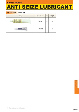 SPARE PARTS

ANTI SEIZE LUBRICANT
ANTI SEIZE LUBRICANT
                         Shape         Order Number   Stock   Volume
                                                                (g)




                                         MK1K          a       20




                                         MK1KS         a        3




                                                                         SPARE PARTS




a   : Inventory maintained in Japan.
                                                                       P039
 