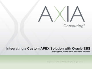 Proprietary and confidential. AXIA Consulting™ | All rights reserved.
Integrating a Custom APEX Solution with Oracle EBS
Solving the Spare Parts Business Process
 
