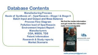 Database Contents
Manufacturing Process
Route of Synthesis of – Sparfloxacin—Stage I & Stage II
Batch Input and Output and Mass Balance
Process Flow Diagram
Pollution load of Sparfloxacin
Environment Impact Report
Manufacturers
COA, MSDS, TDS
Patent Information
Research & Study reports
Market Scenario
 