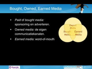 Bought, Owned, Earned Media Paid of bought media:  sponsoring en adverteren.  O wned media:  de eigen communicatiekanalen. Earned media:  word-of-mouth 