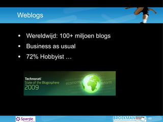Weblogs Wereldwijd: 100+ miljoen blogs Business as usual 72% Hobbyist … 