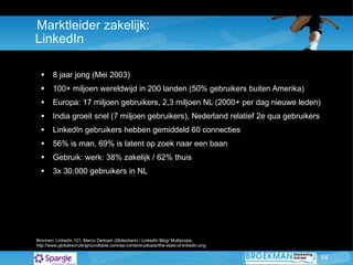 Marktleider zakelijk: LinkedIn 8 jaar jong (Mei 2003) 100+ miljoen wereldwijd in 200 landen (50% gebruikers buiten Amerika)  Europa: 17 miljoen gebruikers, 2,3 miljoen NL (2000+ per dag nieuwe leden) India groeit snel (7 miljoen gebruikers), Nederland relatief 2e qua gebruikers  LinkedIn gebruikers hebben gemiddeld 60 connecties 56% is man, 69% is latent op zoek naar een baan Gebruik: werk: 38% zakelijk / 62% thuis 3x 30.000 gebruikers in NL Bronnen :  LinkedIn 101, Marco Derksen (ݺߣshare) / LinkedIn Blog/ Multiscope,  http://www.globalrecruitingroundtable.com/wp-content/uploads/the-state-of-linkedin.png 