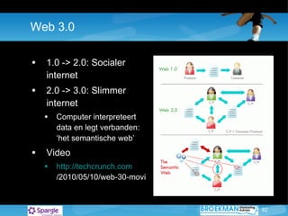Web 3.0 1.0 -> 2.0: Socialer internet 2.0 -> 3.0: Slimmer internet Computer interpreteert data en legt verbanden: ‘het semantische web’ Video http :// techcrunch.com /2010/05/10/web-30-movie/   