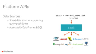 Platform APIs
Spark
{JSON}
Data Sources
• Smart data sources supporting
query pushdown
• Accesswith DataFrames & SQL
SELECT * FROM mysql_users JOIN
hive_logs
…
 