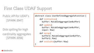 First Class UDAF Support
Public API for UDAF’s
[SPARK-3947]
Disk spilling for high
cardinality aggregates
[SPARK-3056]
abstract  class  UserDefinedAggregateFunction {
def initialize(
buffer:  MutableAggregationBuffer)
def update(
buffer:  MutableAggregationBuffer,
input:  Row)
def merge(
buffer1:  MutableAggregationBuffer,
buffer2:  Row)
def evaluate(buffer:  Row)
}
 