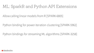 ML: SparkR and Python API Extensions
Allowcalling linear models from R [SPARK-6805]
Python binding for power iteration clustering[SPARK-5962]
Python bindings for streaming ML algorithms [SPARK-3258]
 