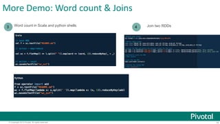 More Demo: Word count & Joins 
3 Word count in Scala and python shells 4 Join two RDDs 
© Copyright 2013 Pivotal. All rights reserved. 14 
 