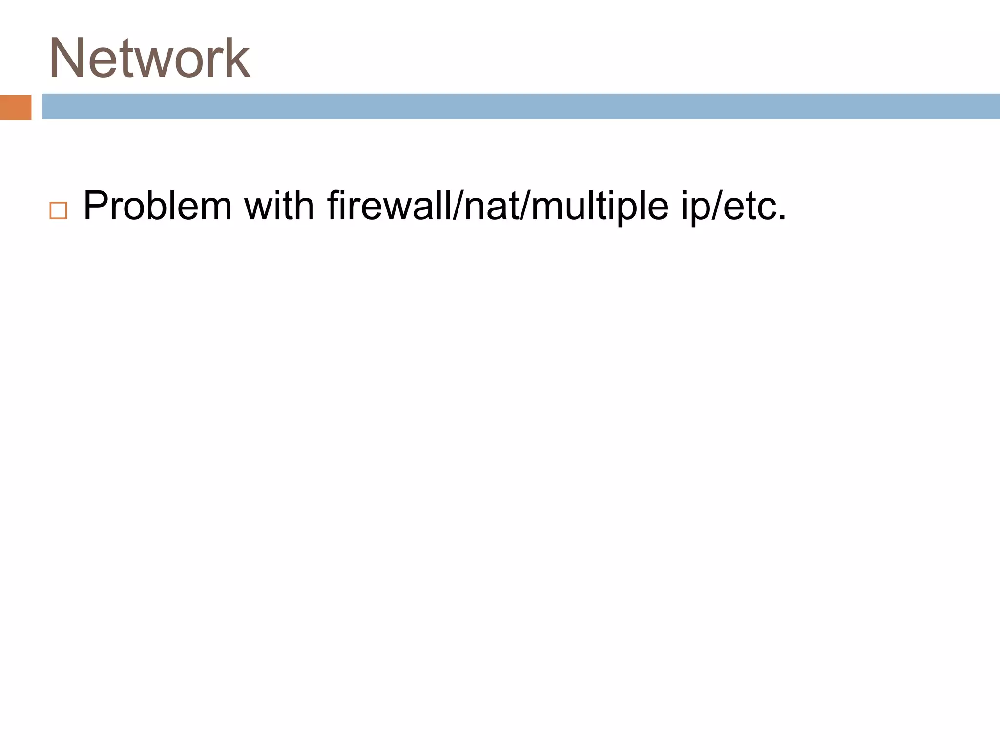 Network
 Problem with firewall/nat/multiple ip/etc.
 