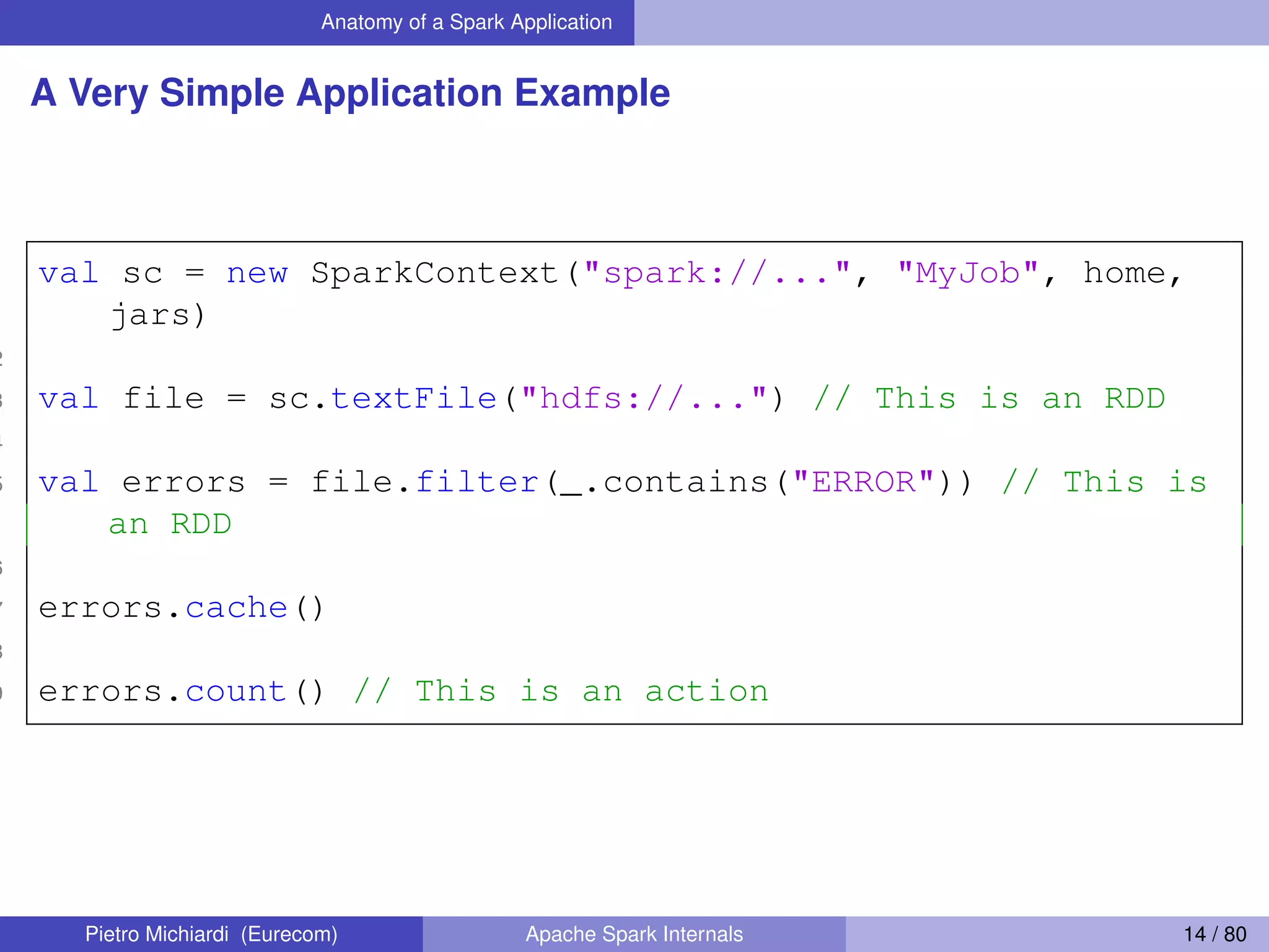 Anatomy of a Spark Application A Very Simple Application Example 1 val sc = new SparkContext("spark://...", "MyJob", home, jars) 2 3 val file = sc.textFile("hdfs://...") // This is an RDD 4 5 val errors = file.filter(_.contains("ERROR")) // This is an RDD 6 7 errors.cache() 8 9 errors.count() // This is an action Pietro Michiardi (Eurecom) Apache Spark Internals 14 / 80 